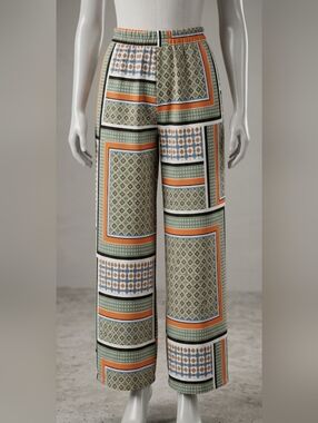 Geometric Print Elastic Waist Pants - Orange, Green, Black, White